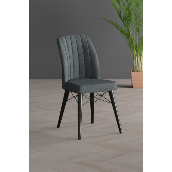 Set 6 Scaune tapitat, Horizon Gri Antracit, picioare Lemn NEGRU, material textil, cadru metal, dining/bucatarie