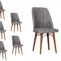 Set 6 Scaune tapitat dining/bucatarie, Horizon Gri, material textil, cadru metal, picioare Lemn