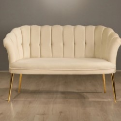 Canapele-London Queen Crem-Bej, Tapitat Textil, Cadru Lemn, picioare metal auriu