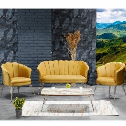 Set Canapea London Queen Coffee Set, Golden Mustar, cadru lemn, picioare metal auriu