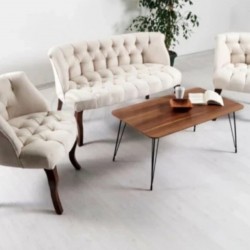 London Times Coffee Set, Crem, Tapitat Textil, 1 Canapea 2 Locuri, 2 Fotolii, Cadru si Picioare Lem