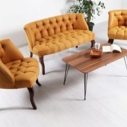 London Times Coffee Set, Mustar, Stofa de calitate superioara 1 Canapea 2 Locuri, 2 Fotolii, Cadru si Picioare Lem